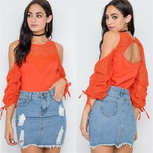 Orange Mango Cold Shoulder Puff Sleeve Blouse